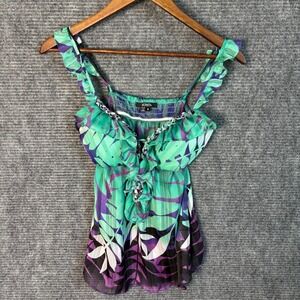 XOXO Y2K Tropical Ruffle Tank Top Green Purple Smocked Back Small